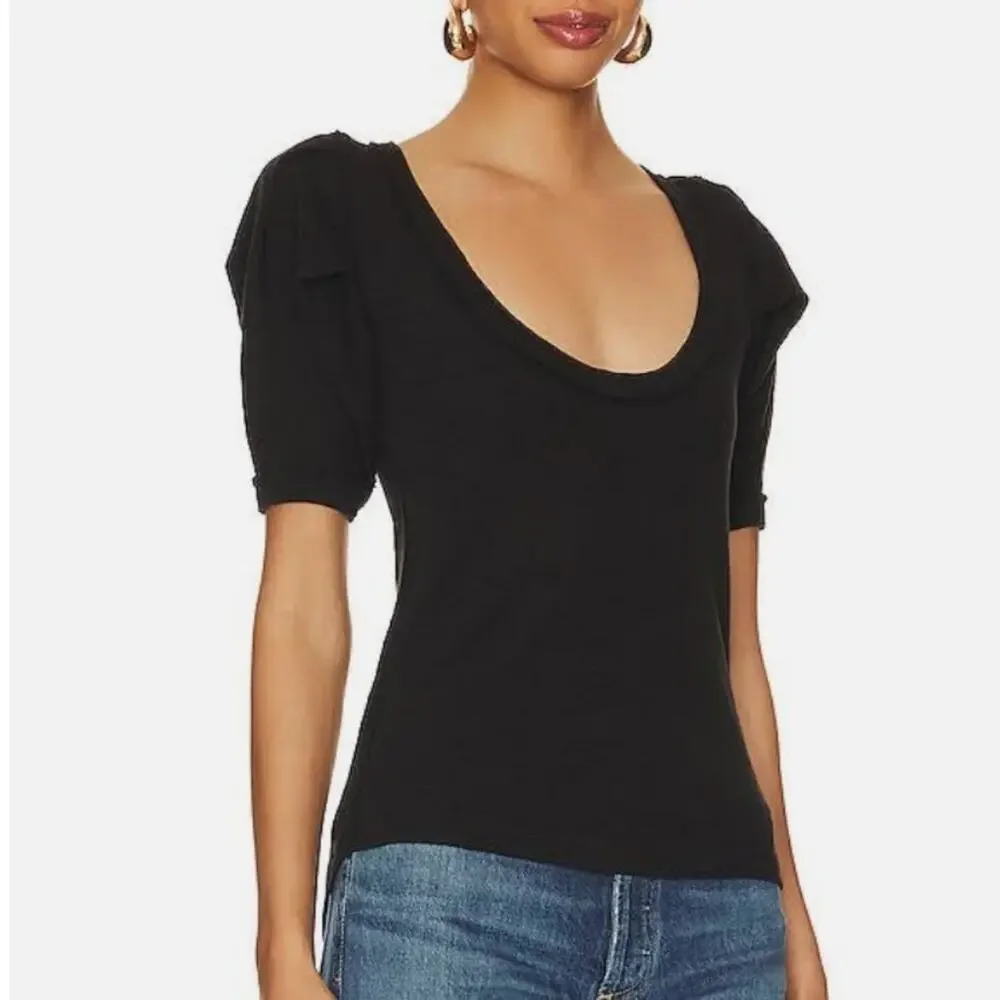 Free People Papaya Puff Sleeve Short Sleeve Knit Top Black NEW Womens XS